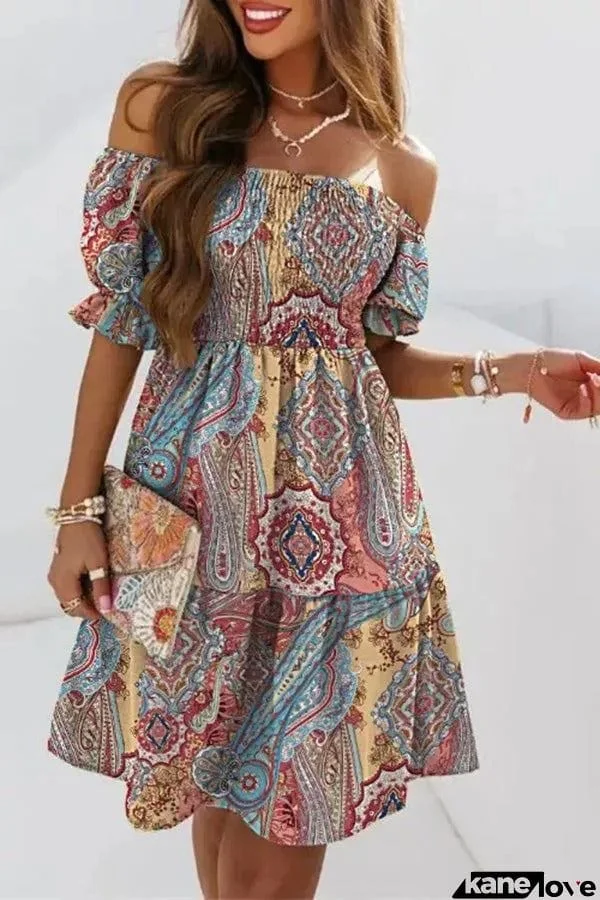 Verna Printed Off Shoulder Shirred Swing Dress