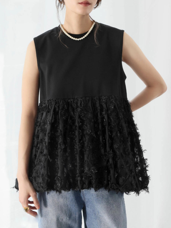 Petal Patchwork Sleeveless Solid Color Round Neck Blouses