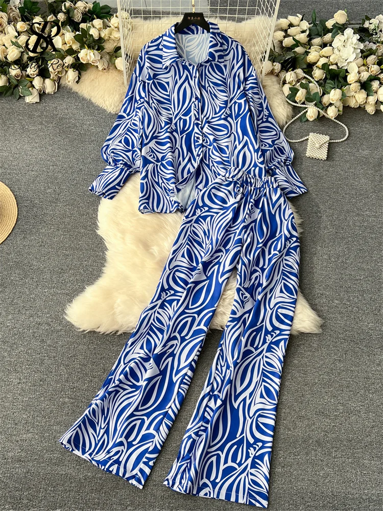 Huibahe Women Fashion Printed Suits 2024 Turn-down Collar Loose Blouse+Elastic Wide Leg Long Pants Casual Two Pieces Sets