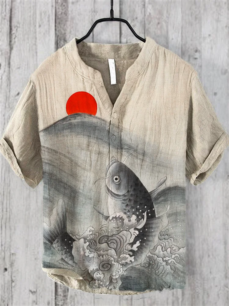 Ocean Fish Sunset Art Print Linen V-Neck Short Sleeve Shirt