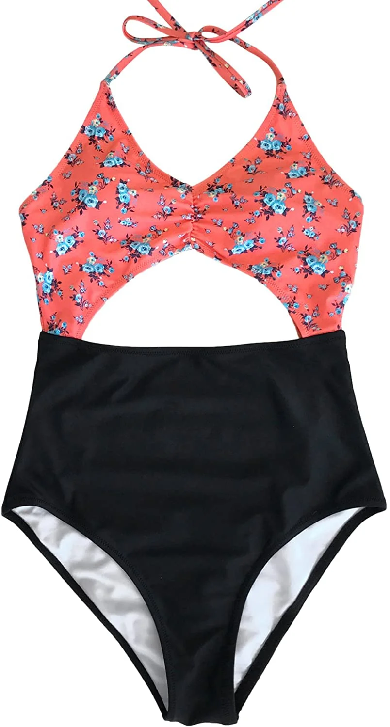 Women's Secret Fragrance Print Halter One-Piece Swimsuit Beach Swimwear