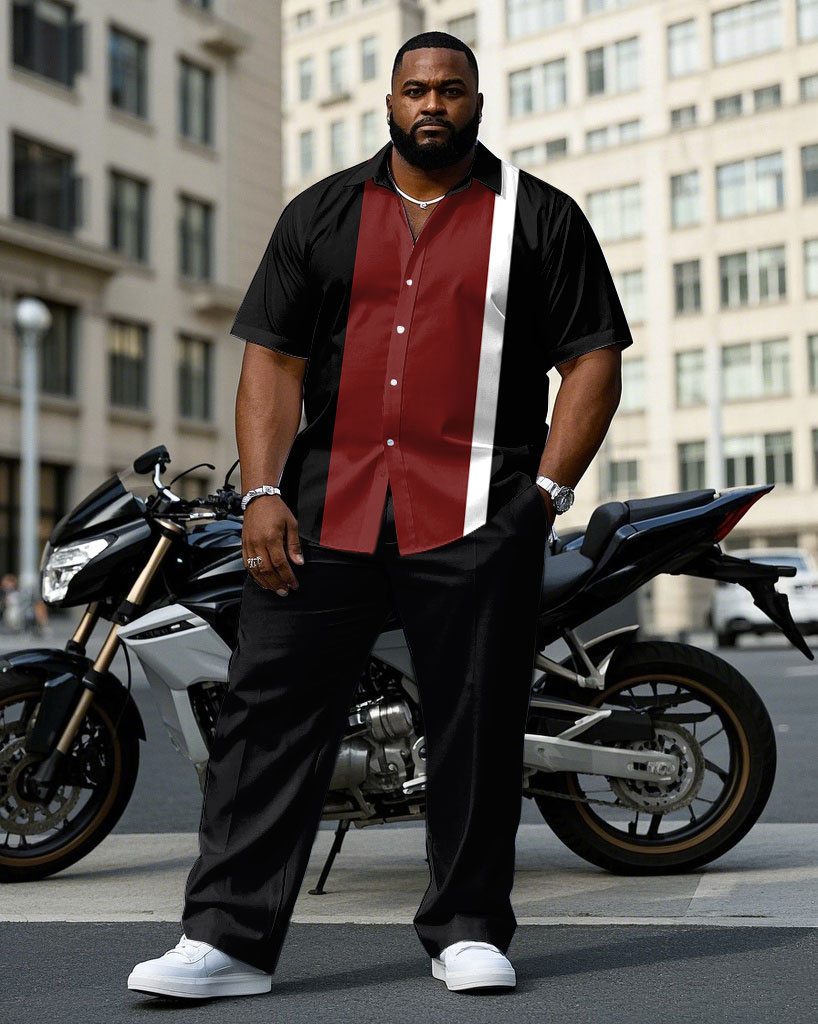 Men's Plus Size Business Casual Black & Red & White Colorblock Short Sleeve Shirt Trousers Suit