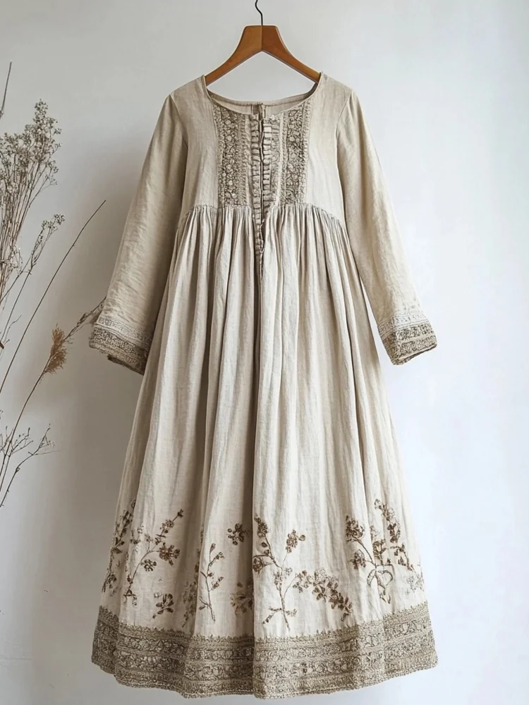 Vintage Floral Embroidered Lace Patchwork Linen Maxi Dress