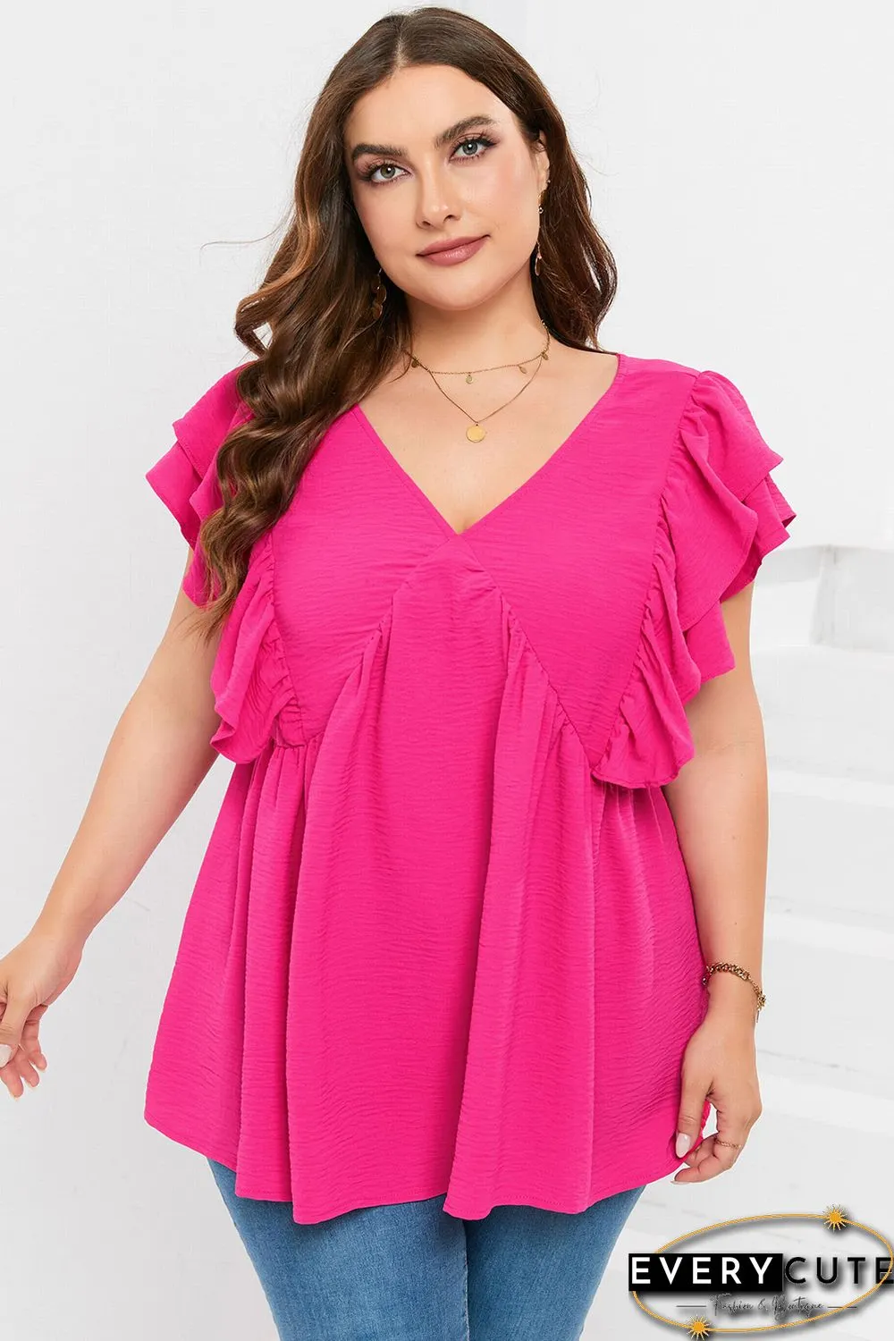 Plus Size Ruffle V Neck Tie Back Tunic Top