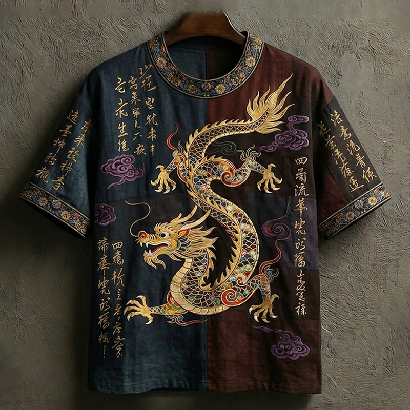 Men's Vintage Japanese Calligraphy Dragon Art Short Sleeve Linen Blend  T-shirt  artssus