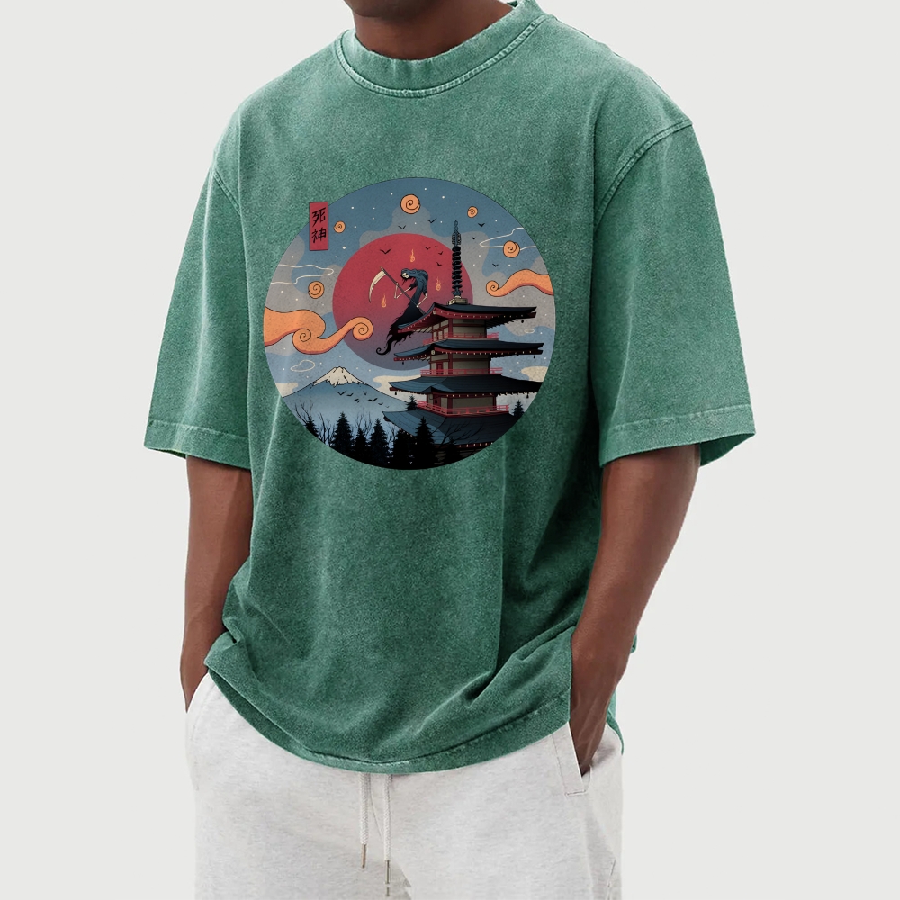 Death Ukiyoe Pattern Washed Vintage Short Sleeves T-Shirt