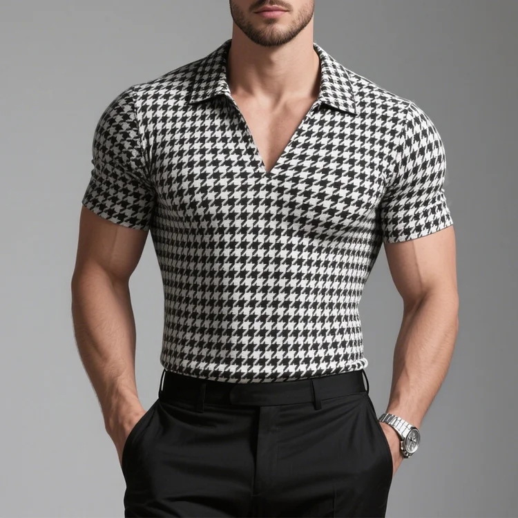 Okaywear Houndstooth Pattern Turndown Collar V Neck Short Sleeve Shirt 