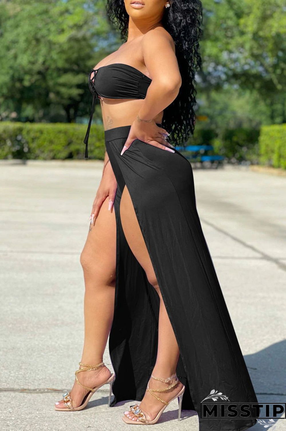 Orange Sexy Solid Hollowed Out Backless Slit Strapless Sleeveless Two Pieces
