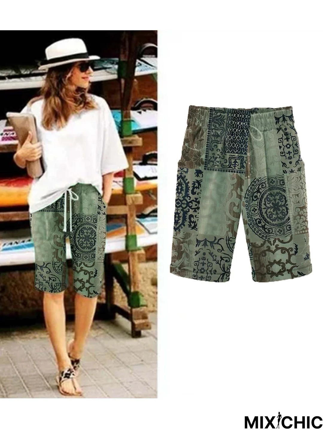 Paisley  Shift  Printed  Cotton-blend  Casual  Summer  Green Shorts