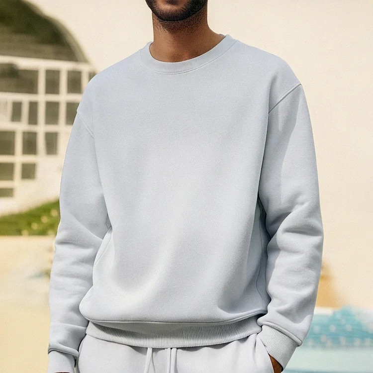 Solid Color White Men's Casual Printed Long Sleeved Round Neck Sweatshirt