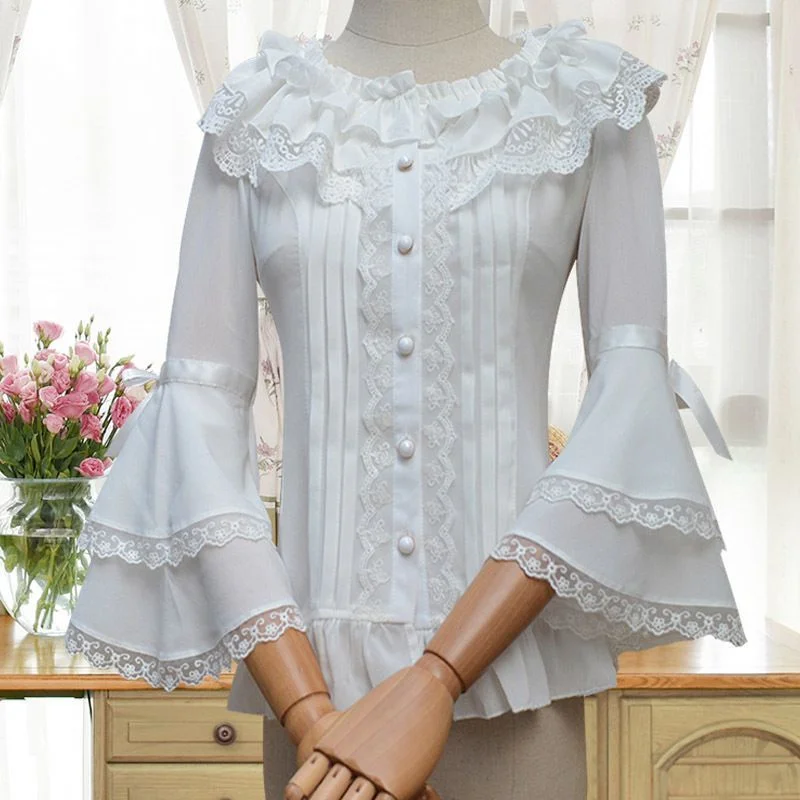 Lolita Fashion Bell-Sleeve Ruffled Lace Trim Blouse YP934