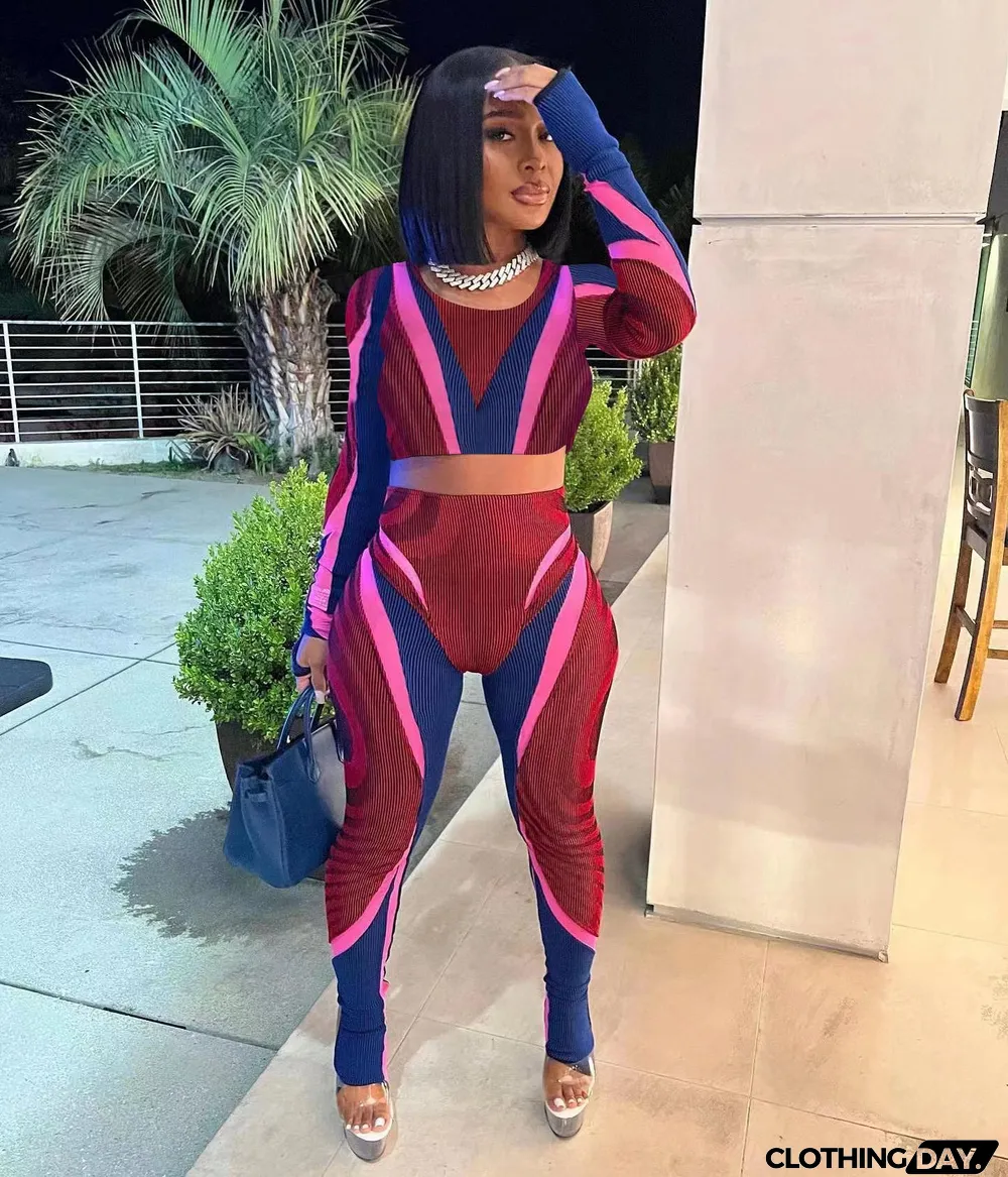 Womens Fashion Casual Print Open Waist Two Piece Pants Set