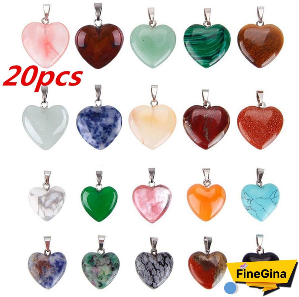 20Pcs/Lots Natural Gem Stone Love Heart Pendant Natural Crystal Stone Heart Shaped For Necklace Reiki Healing Women