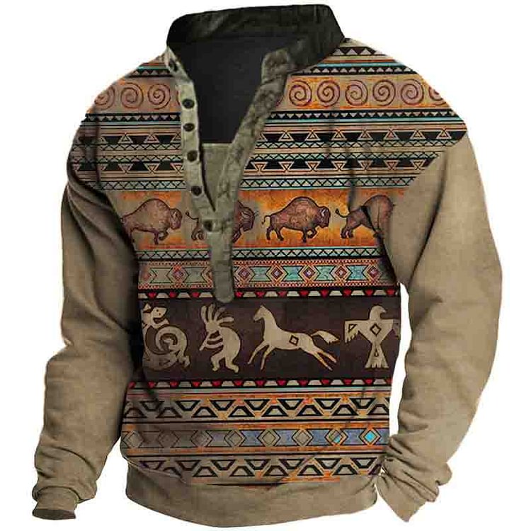 Men's Outdoor Vintage Western Aztec Henley Collar Sweatshirt