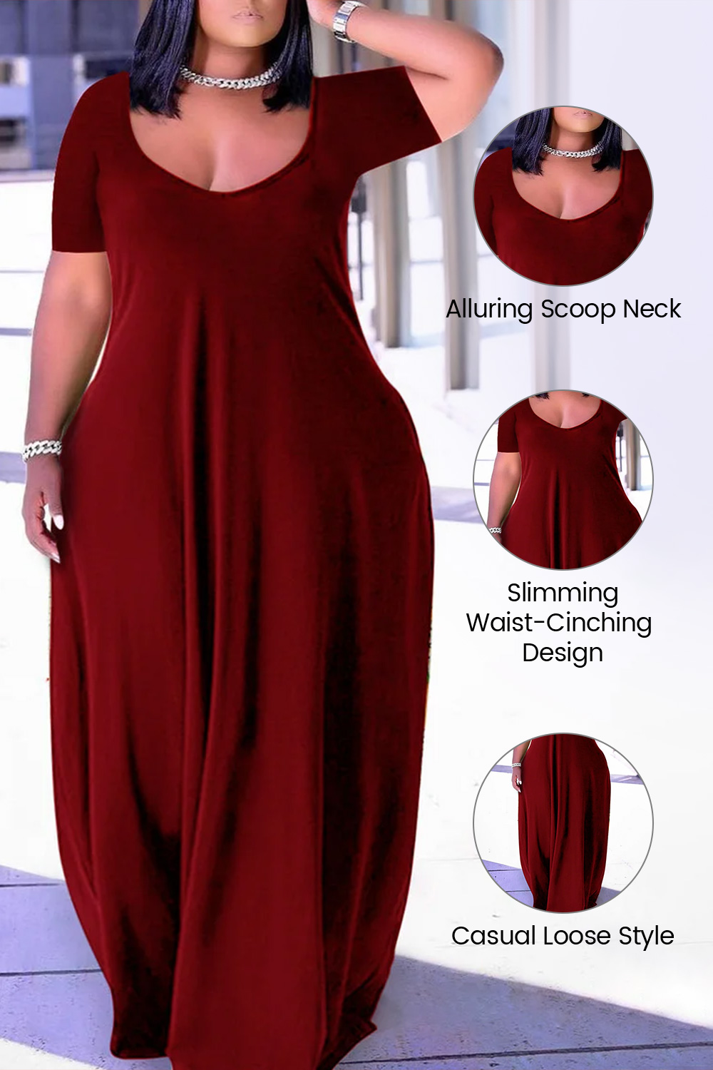Plus Size Casual Burgundy Short Sleeves Solid Cocoon Summer Sun Maxi Dress