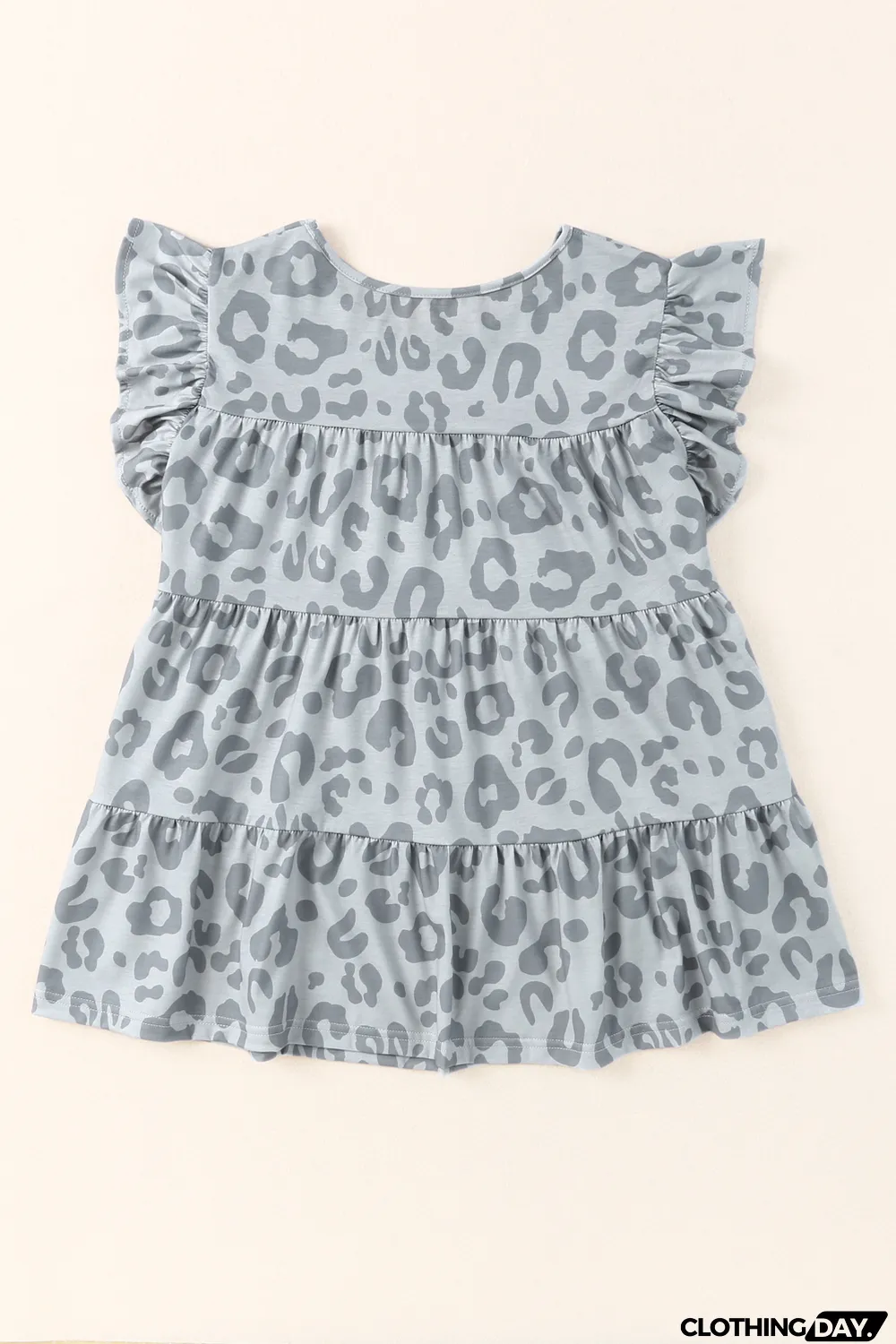 Gray Leopard Print Flutter Sleeve Tiered Tank Top