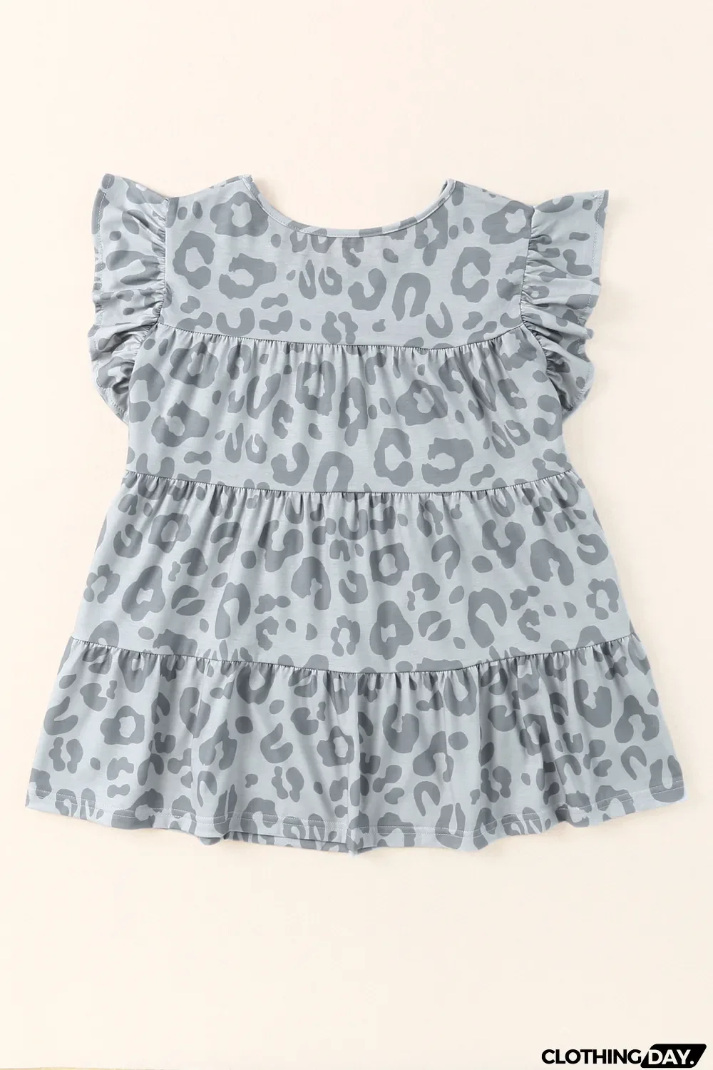 Gray Leopard Print Flutter Sleeve Tiered Tank Top