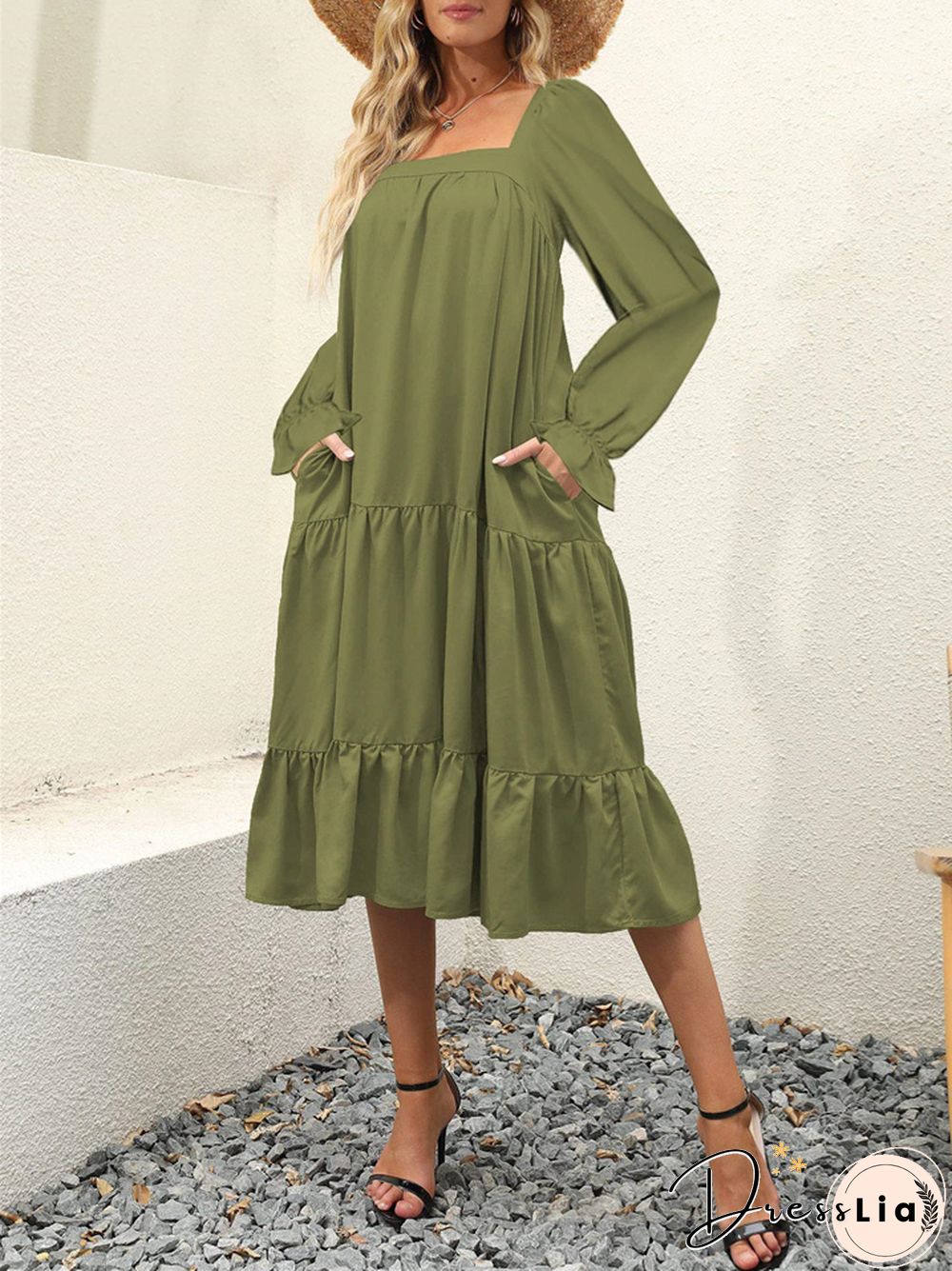 Loose Square Collar Solid Color Long Sleeve Big Swing Dress