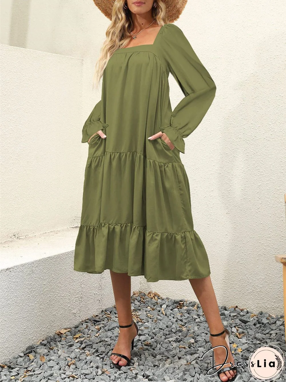 Loose Square Collar Solid Color Long Sleeve Big Swing Dress