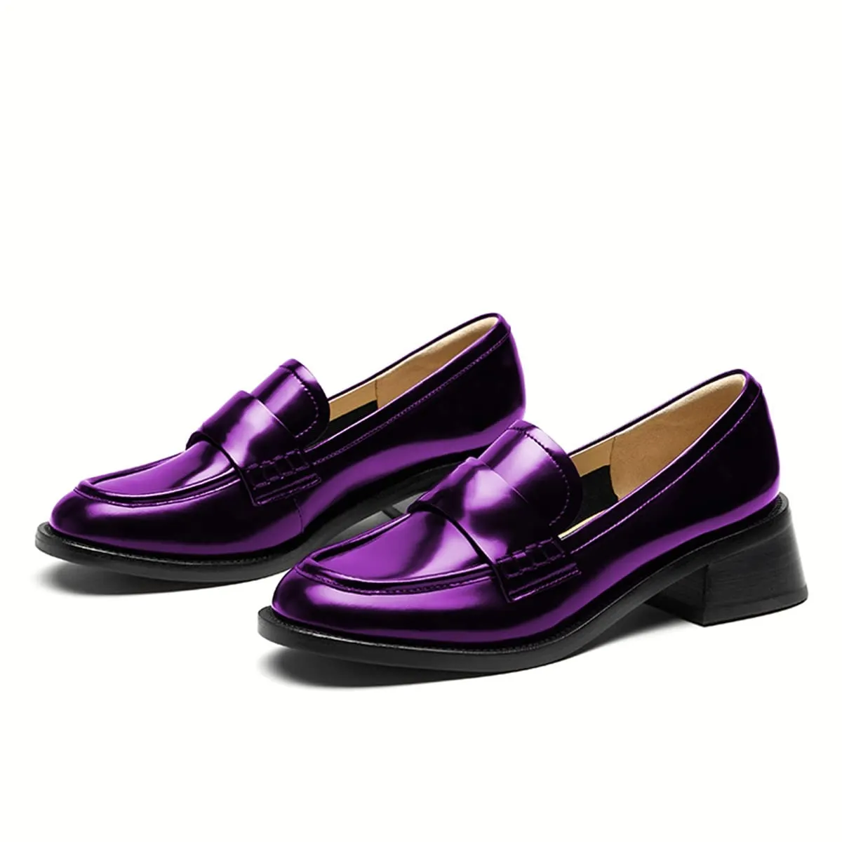 Women's Metallic Patent Leather Round Toe Purple Loafer Heels Nicepairs