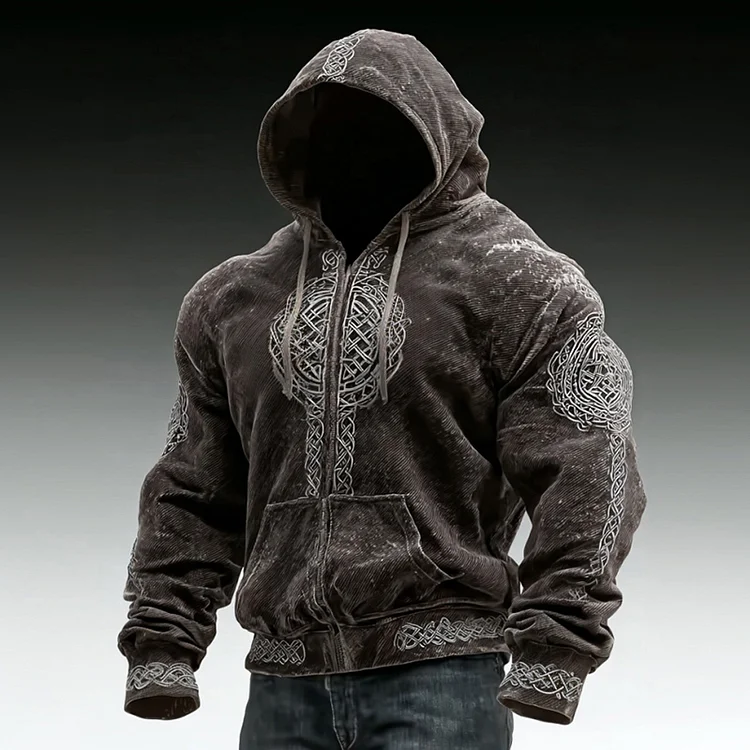 Men's Retro Celtic Knot Pattern Hooded Jacket