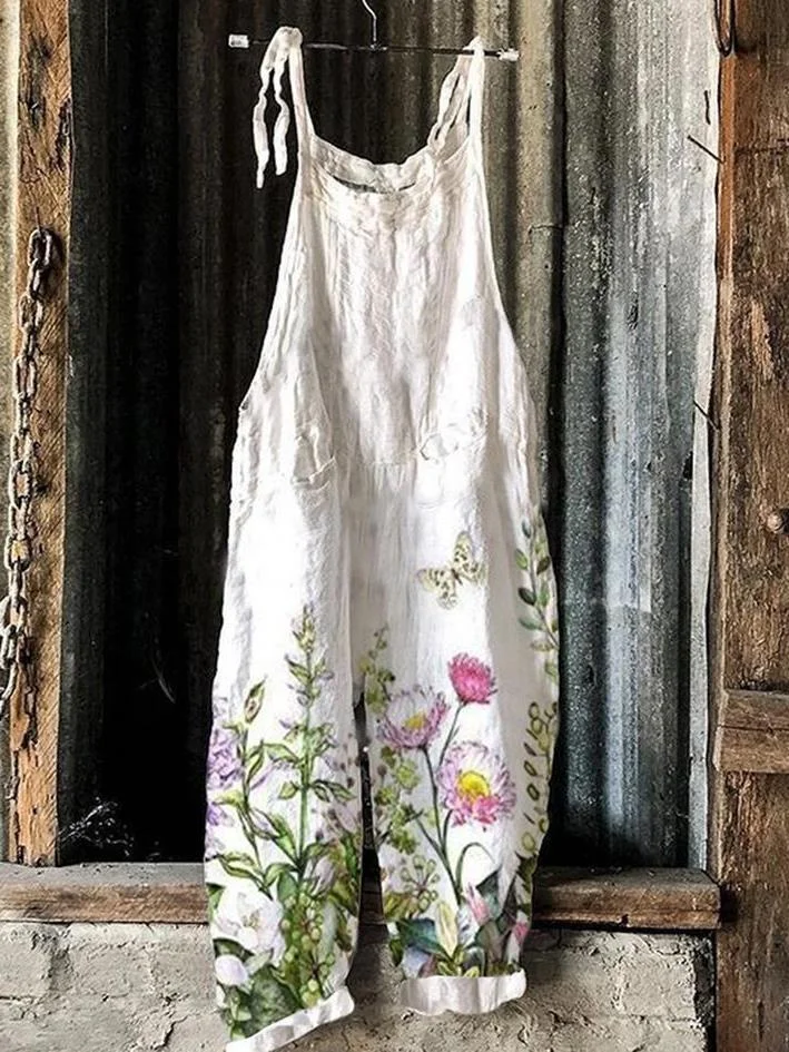 Brownm Summer Slub Linen Vintage Print Wide Dresses