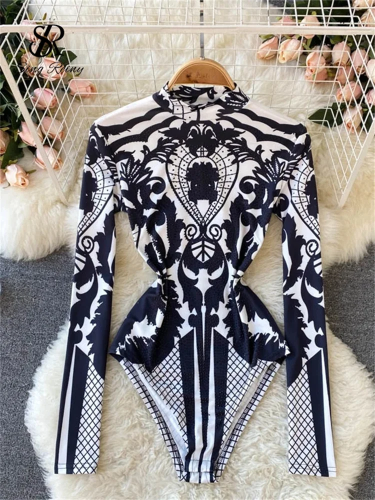 Huibahe Design Autumn New Print Rompers Women Stand Collar Long Sleeve Slim Jumpsuits Chic Fashion Sexy Bodycon Short Bodysuit