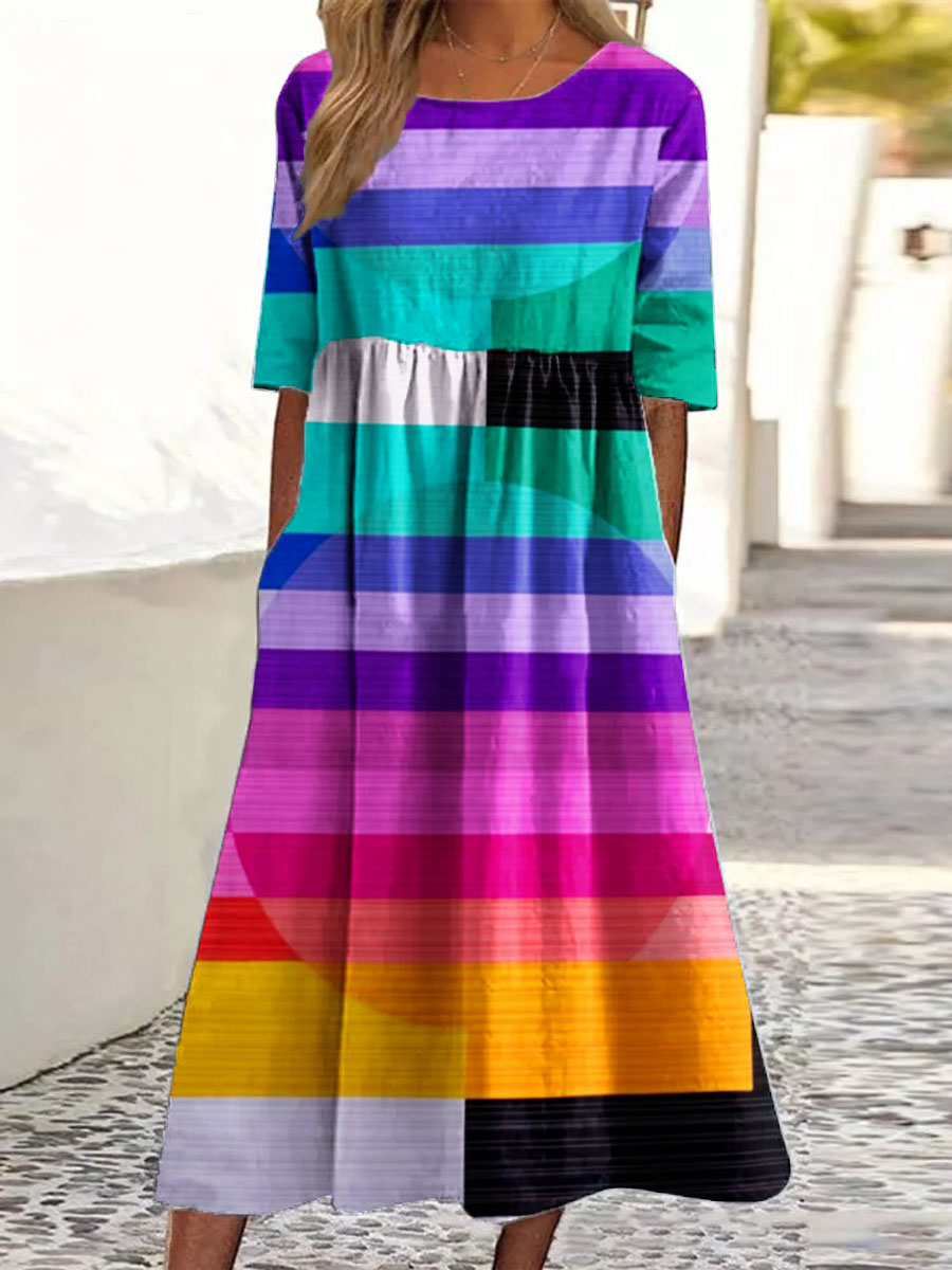 Women's Vintage Abstract Geometric Line Art Print Pocket Cotton Dress