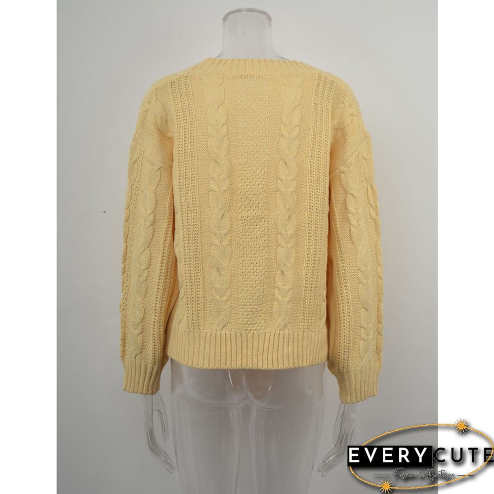 Solid Yellow Button Cable V Neck Cardigan