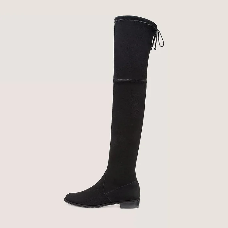Black Vegan Suede Flat Shoes Sexy Back Lace Up Thigh High Boots |FSJ Shoes