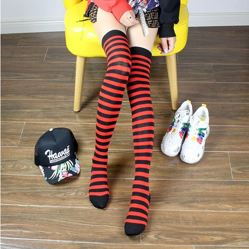 Stockings Women Striped Knitted Warm Winter Elasticity Kawaii Japanese Style Thigh High Womens Stocking All-match Simple daily