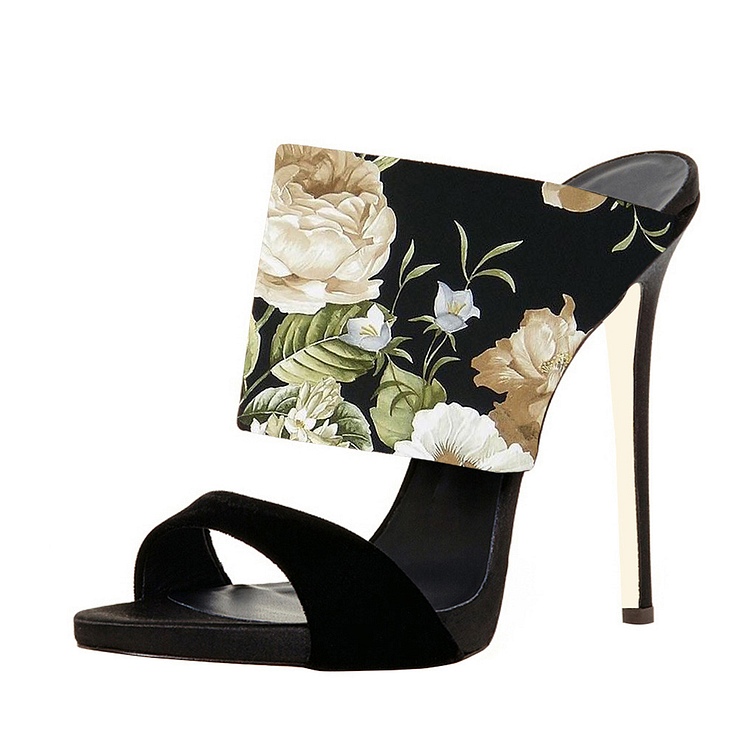 Black Suede Open Toe Stiletto Heels Floral Mule Sandals |FSJ Shoes