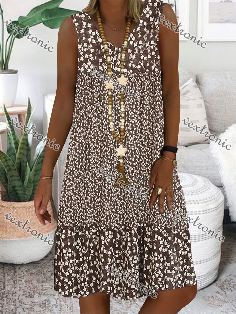Women Brown Sleeveless V-neck Printed Midi Dress