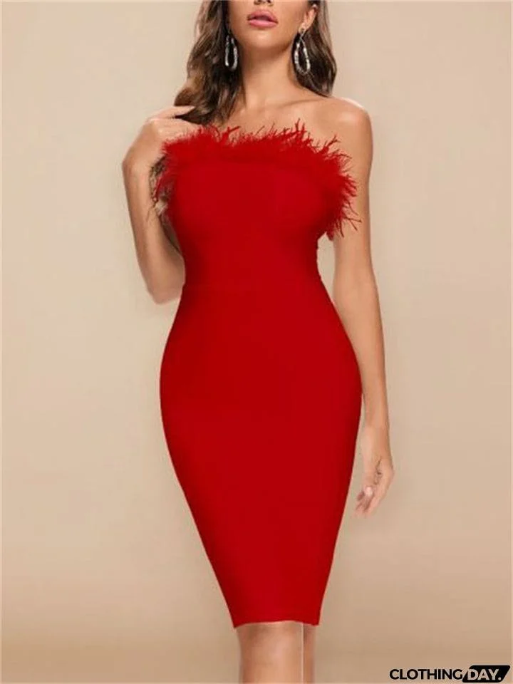 New Bodycon Slash Feathers Strapless Knee Length Dresses