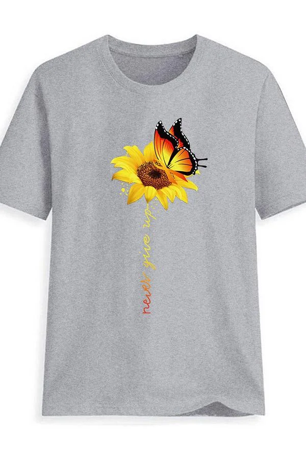 Casual Round Collar Butterfly Sun Flower Short Sleeve T-Shirt