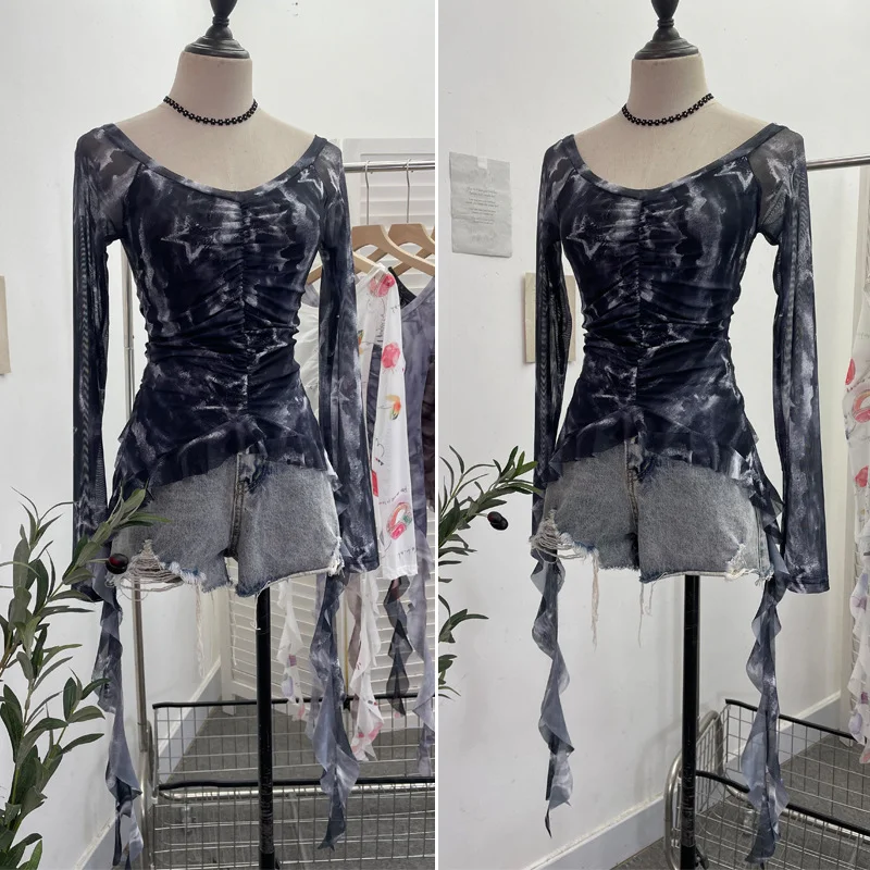 Uveng Real Shot One-字 Collared Shoulder Long-Sleeved Mesh Printing Top Irregularly Folded Lotus Leaves With Short T-Shirt 9937