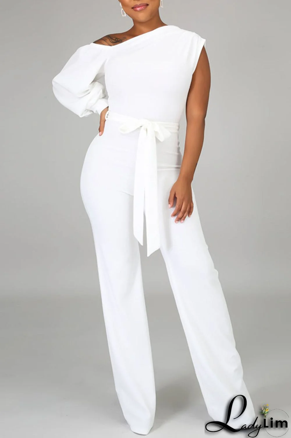 White Fashion Casual Solid Patchwork Asymmetrical Asymmetrical Collar Straight Jumpsuits