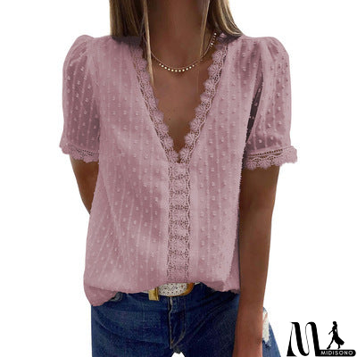 MidiSono - Women Solid Color V-neck Short Sleeved Chiffon Shirt Top