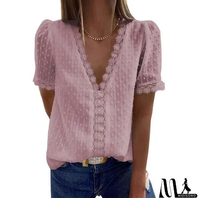 MidiSono - Women Solid Color V-neck Short Sleeved Chiffon Shirt Top