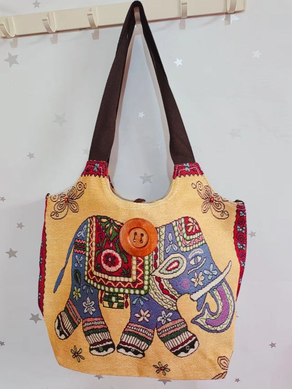 Women’s Large Canvas Elephant Ethnic Style Square Zipper Shoulder Bag