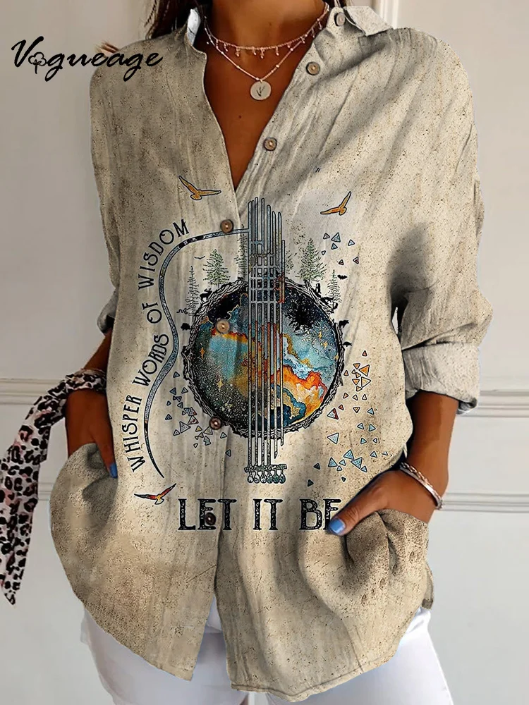 Simple And Comfortable Creative Painting Letters Let It Be Long Sleeves Printed Cotton And Linen Shirt