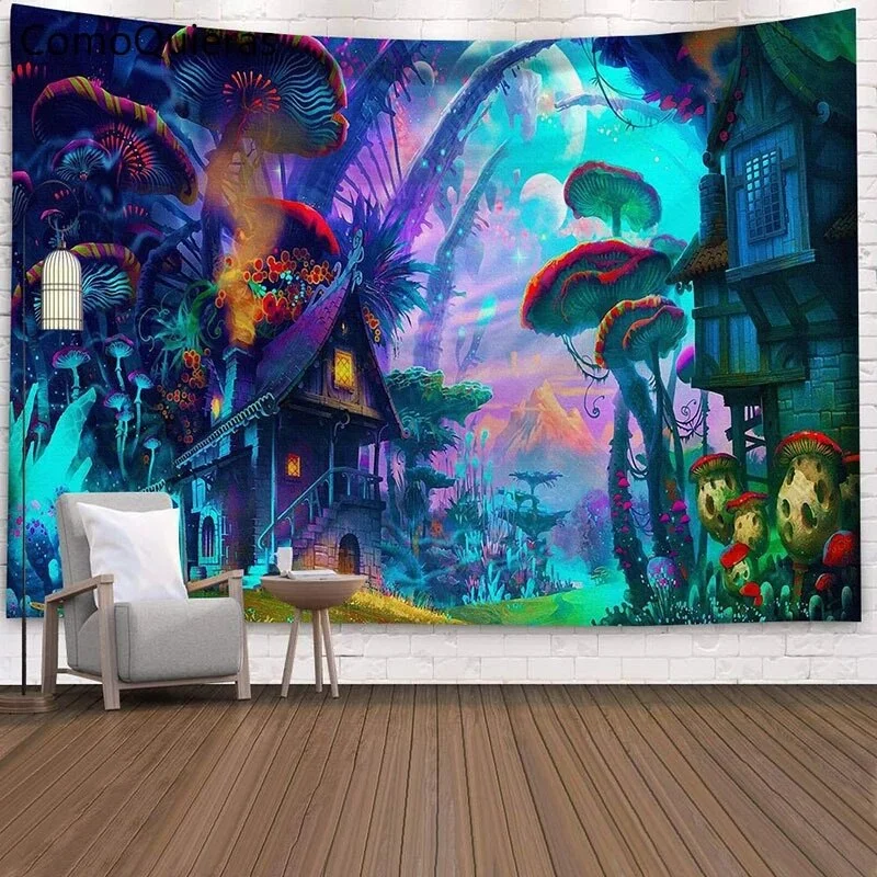 3m*1.8m Fluorescent Tapestry Psychedelic Mushroom Jellyfish Hanging Cloth Home Wall Decoration Glow Under Ultraviolet Light