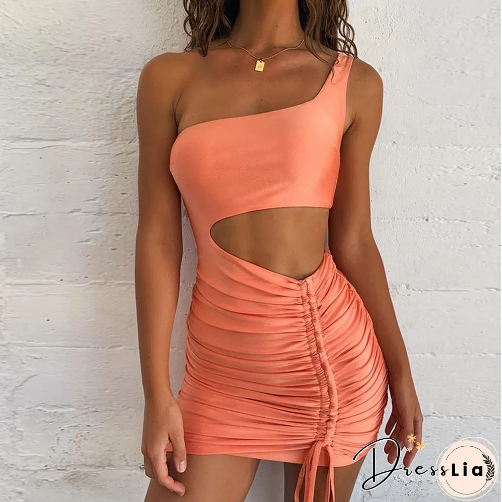 Mini Bodycon Summer Dress Women Club Hollow Out Ruched Backless Orange White Black Party