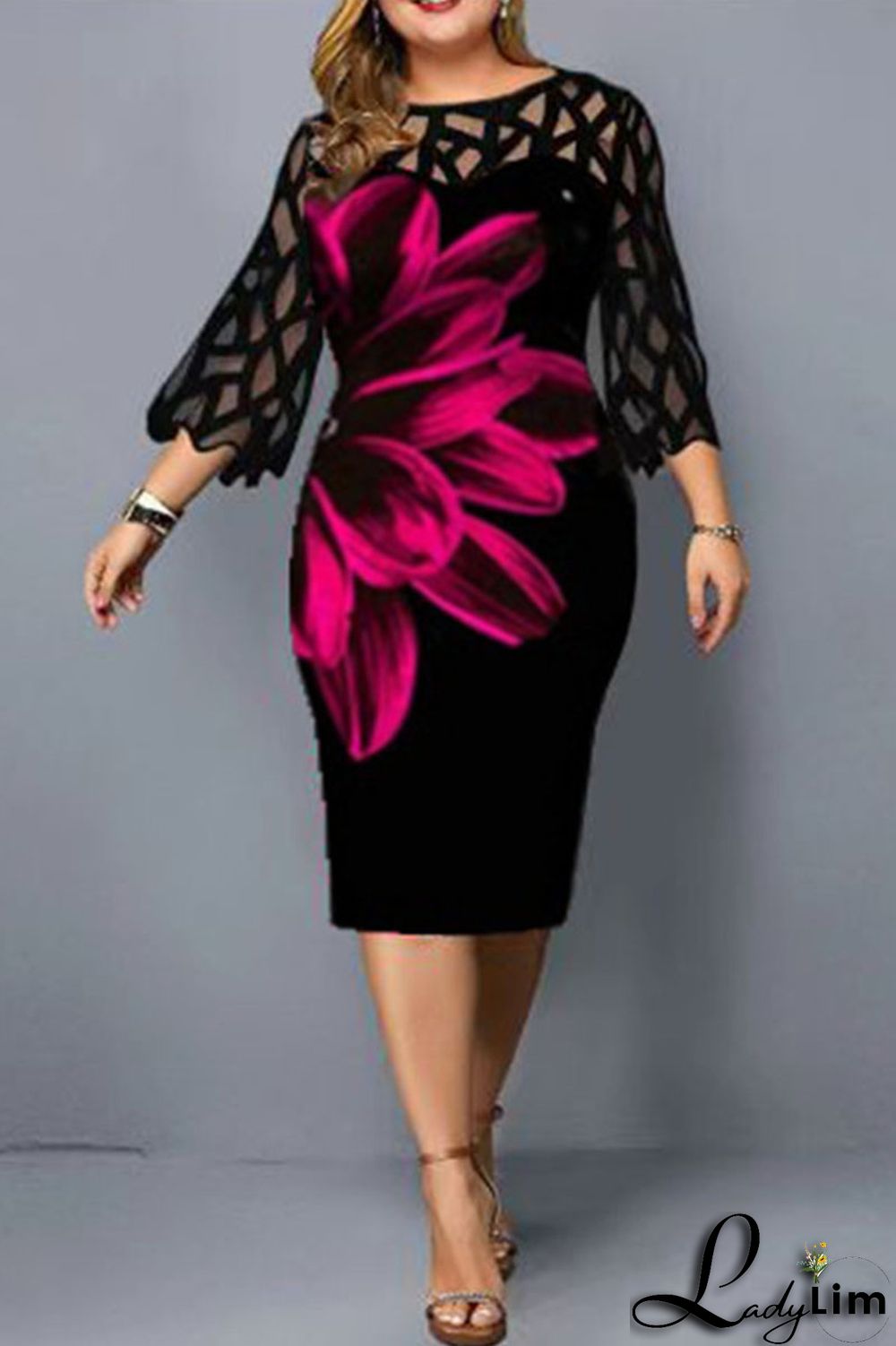 White Fashion Casual Print Lace Split Joint O Neck Printed Dress Plus Size Dresses