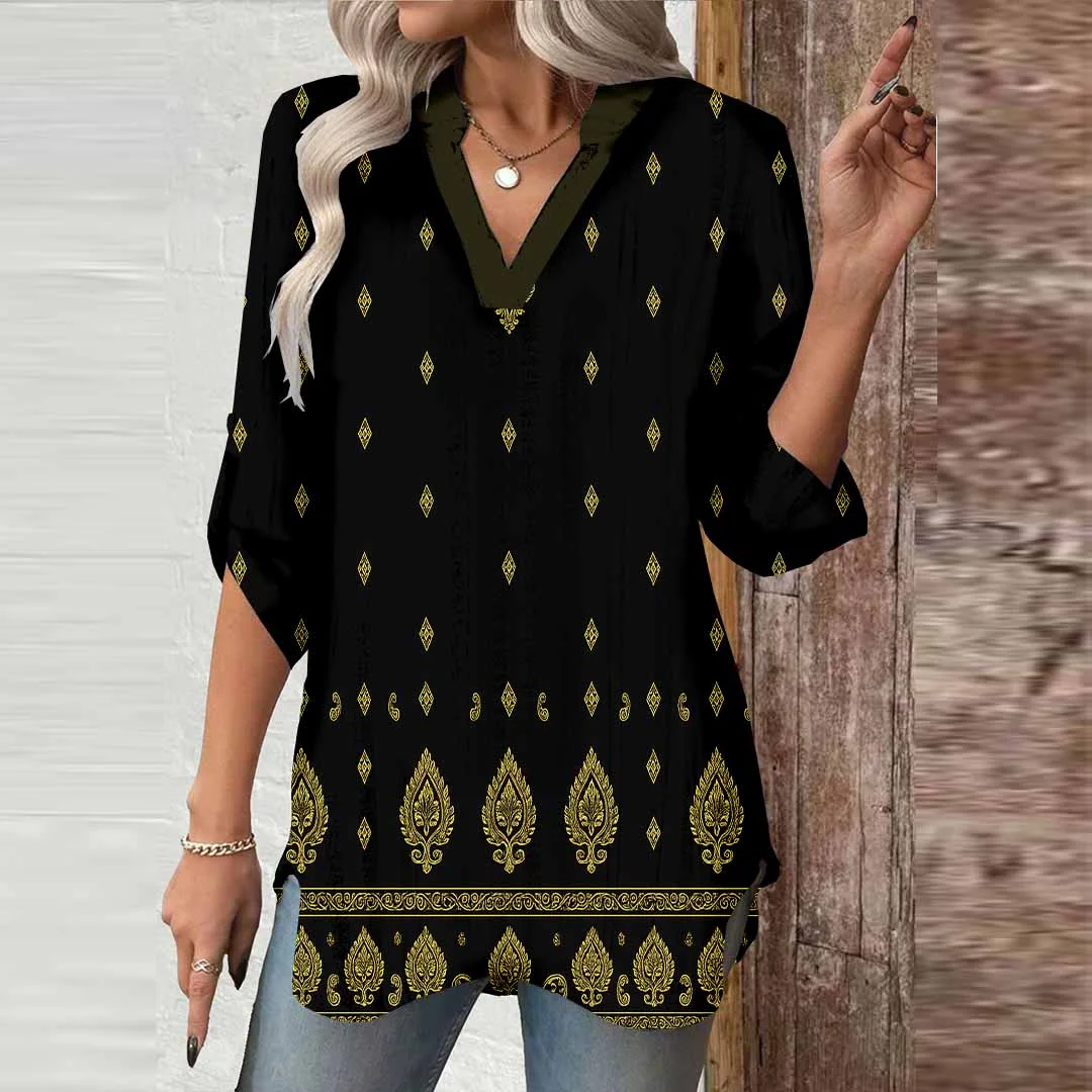 Women Retro,Black,Gold DZGA0309 3/4 Sleeve V-neck Printed Graphic Button Tops