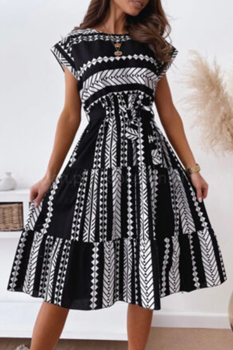 Elegant Print Strap Design O Neck A Line Dresses(3 Colors)