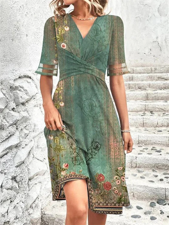 Women's Half Sleeve V-neck Floral Printed Midi Dress