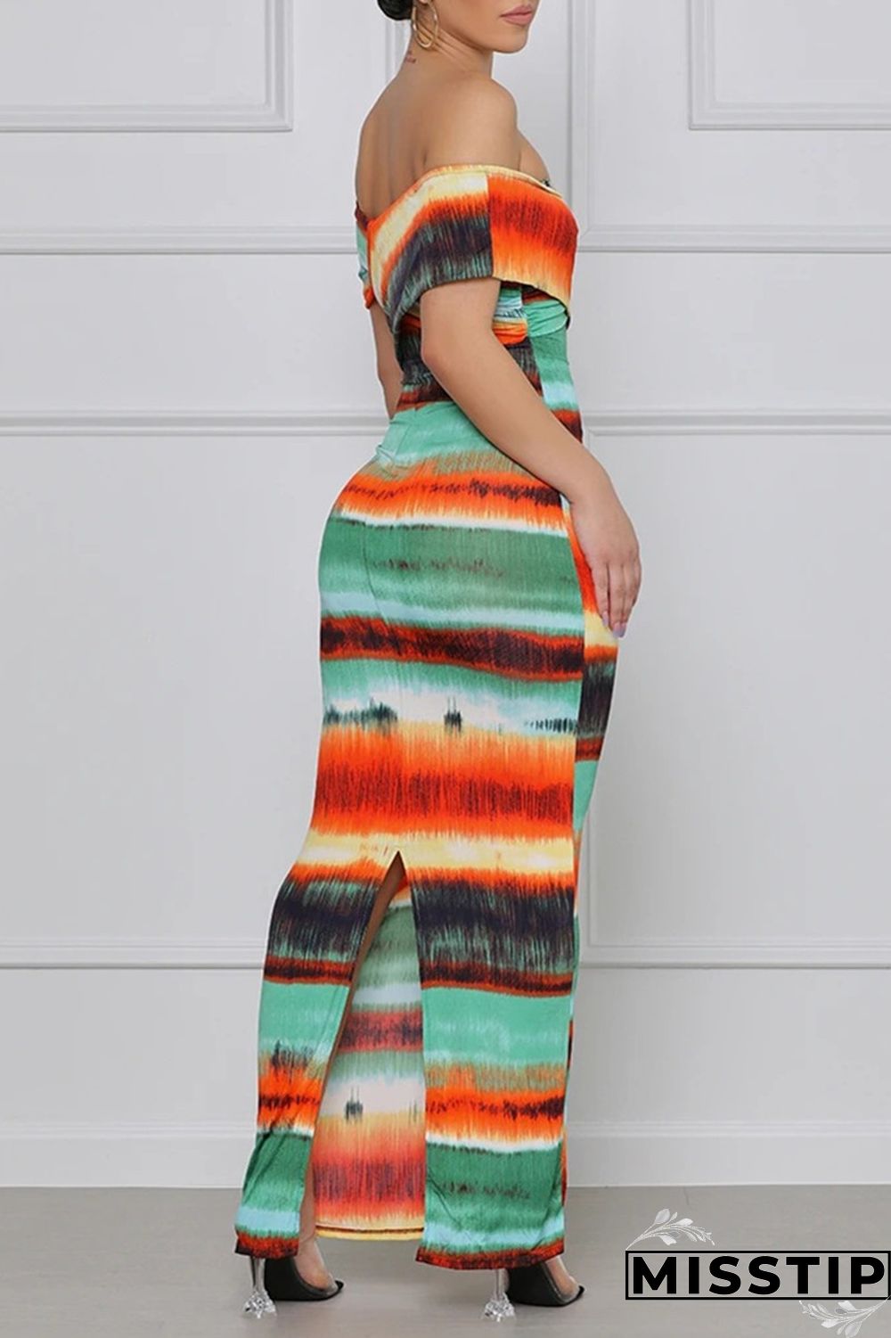 Colour Fashion Sexy Print Backless Slit Off the Shoulder Short Sleeve Dress