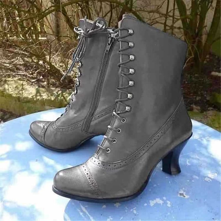 High Quality Autumn and Winter Women's Fashion Retro Victorian Pointed Toe Mid-Calf Leather Boots Rustic Booties Steampunk Lace Up High Heel Boots Women Short Ankle Boots - Shop Trendy Women's Clothing | LoverChic