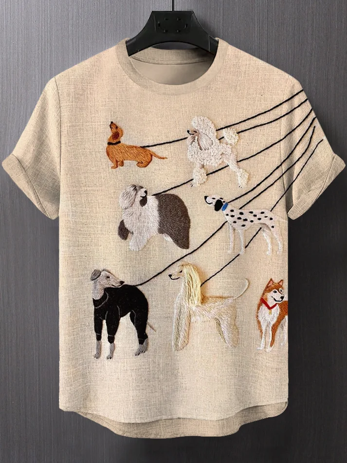 Men's Dog Walking On A Leash Art Print T-Shirt